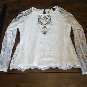 Gorgeous White Lace Beaded Long Sleeve Top